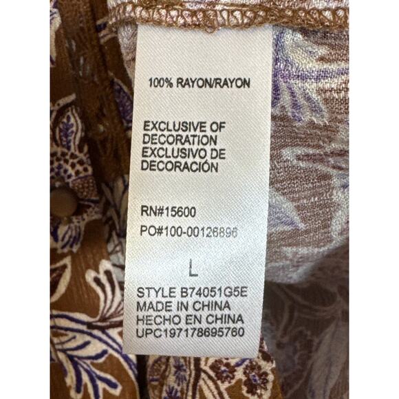 NWT Democracy Large Top Long Sleeve Button Up Brown Cream Purple Floral Lace - Picture 4 of 7